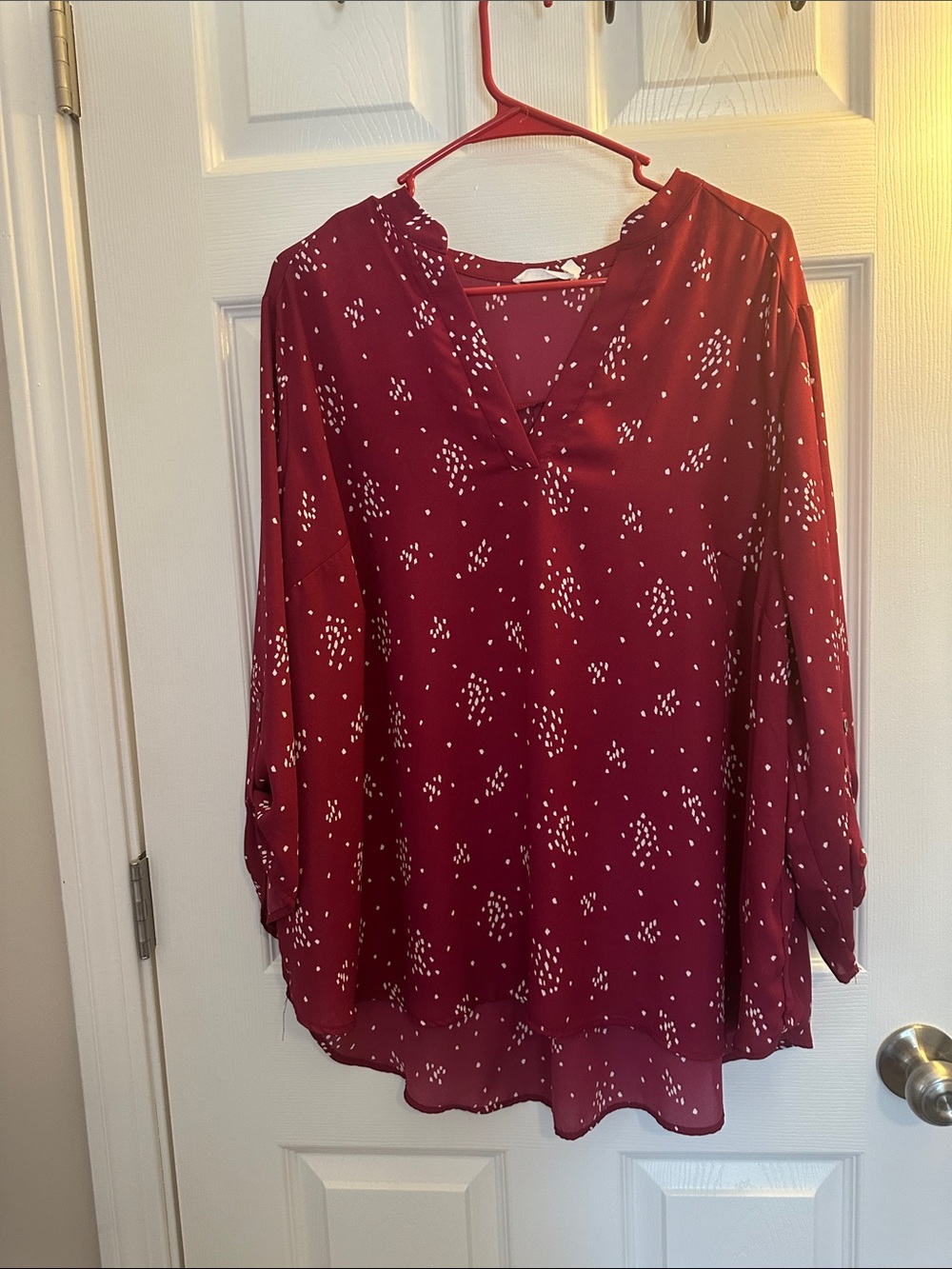 Lush Burgundy Dotted V-Neck Long Sleeve Blouse